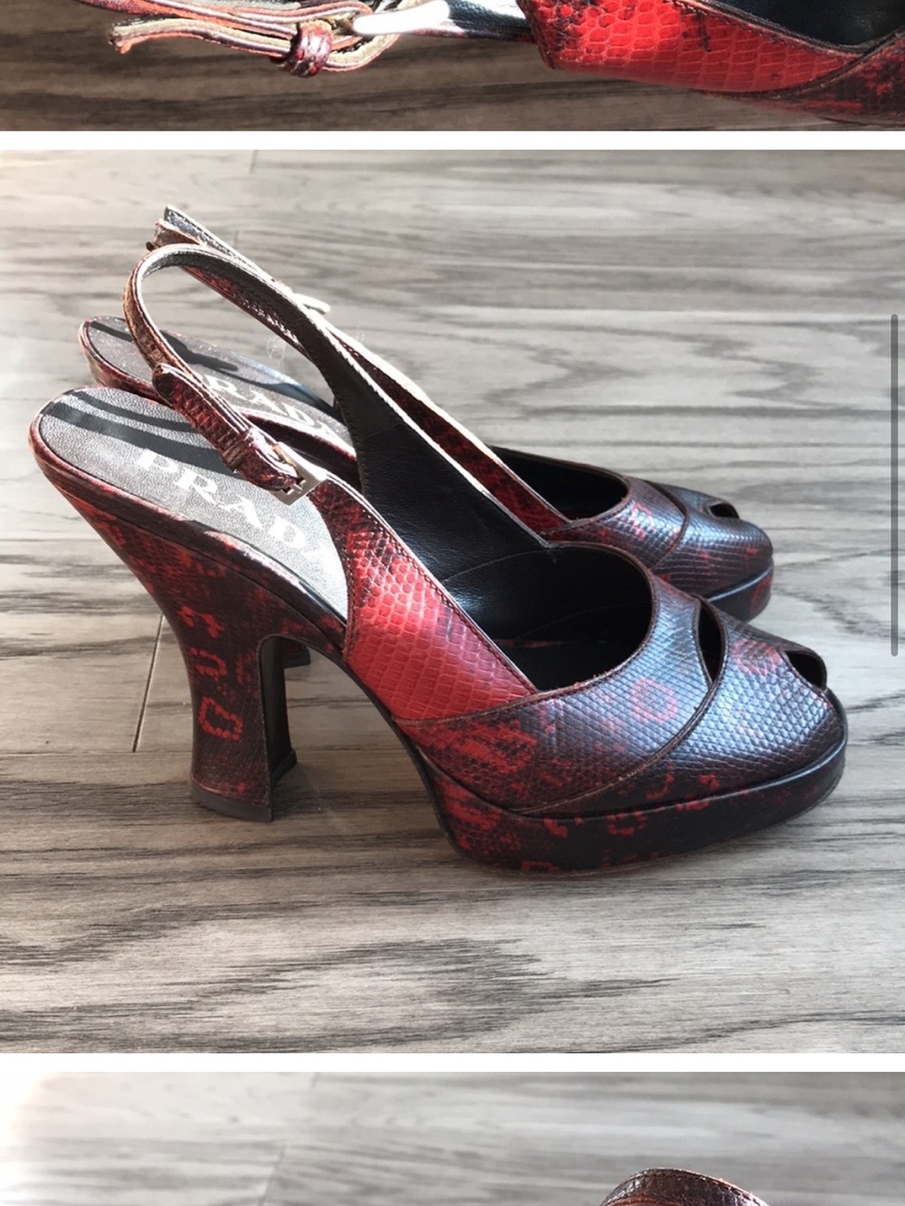 Prada Red Snake-Embossed Peep-Toe Slingback Heels